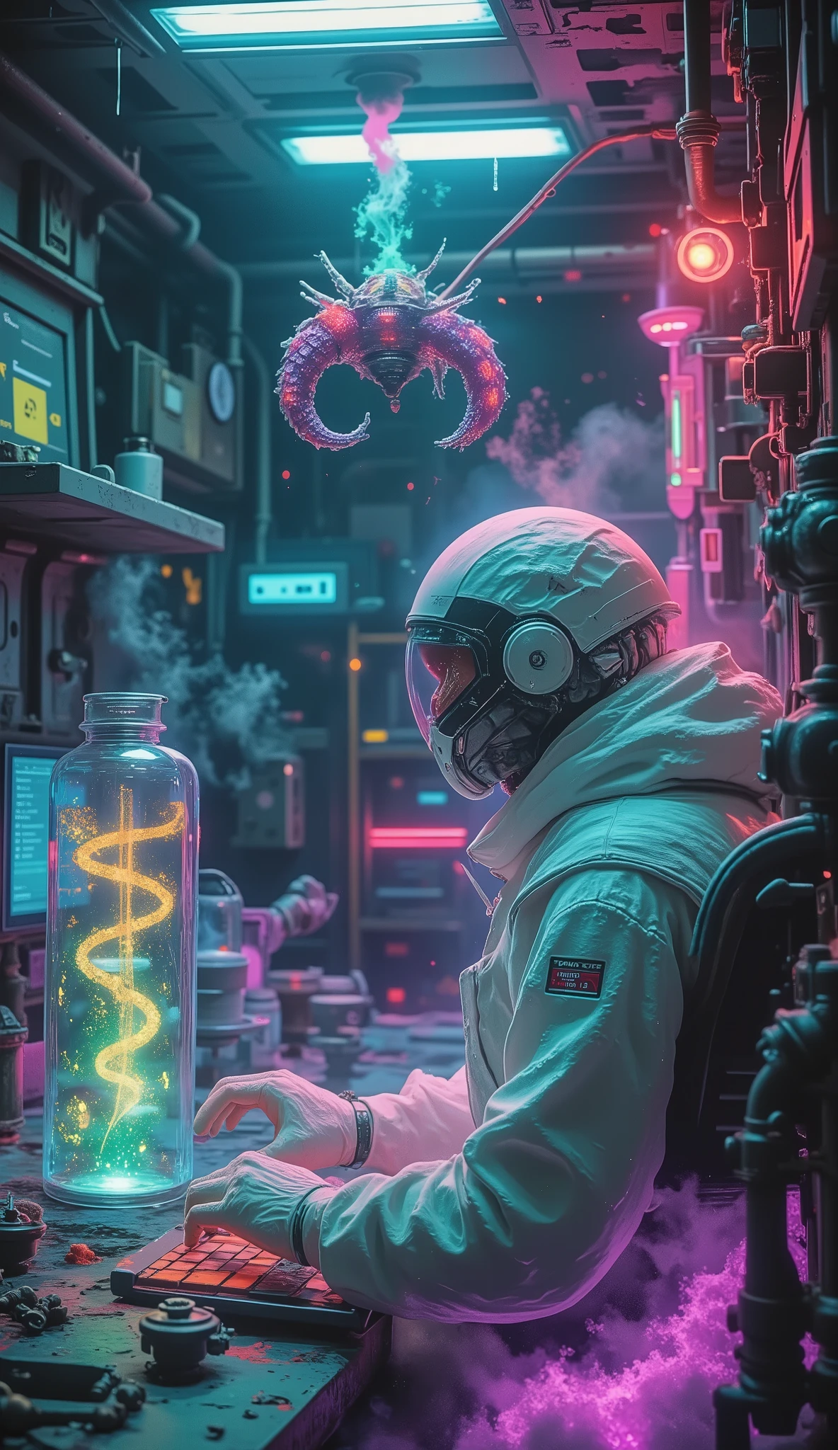 Dark Tech Lab ,} Cyberpunk fluorescent tube wrapped glass dome , Robotic array with luminescent green reagent , Holographic screen beating DNA spirals , The back of a protective suit controls a transparent keyboard , Semi-mechanical octopus tentacle glass in a culture chamber , Cold blue intertwined with neon violet light , Steam spurts from rusted valves , Wall with light-emitting circuit vines ,Wasteland of the future+Resident Evil texture ,8k mechanical precision details , mechanical and biological element hedging、 Cool color dimming effect and urgent damage details , Creating a mysterious and dangerous technological scene 。