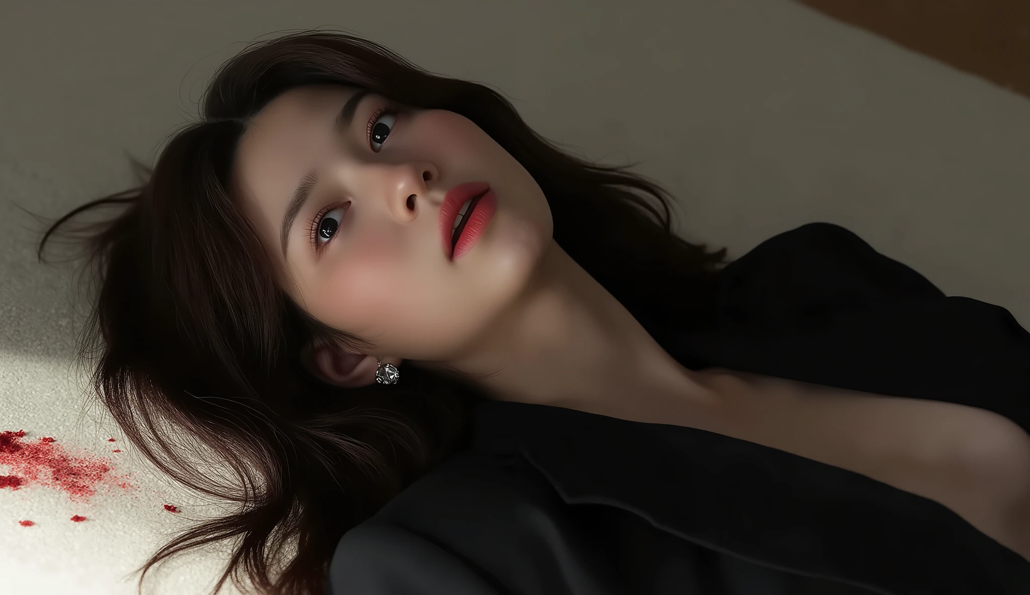 Masterpiece Most Realistic Photograph Detailed but Slightly Dull Background Sharp Personalities Best Quality (Wallpapers 8K Very High Detail) (best illustration) (The best shadow) Realistic Lighting High Resolution Realistic 30 year old Asian woman, handsome, wearing a black suit, showing a slight chest, she was shot in the forehead, bullet wound in the middle of the forehead, bullet hole on the top Her forehead was slightly bleeding, no hair covering her face, her eyes drooping wide in fear, her mouth open, her face full of emotion, showing a sexual climax, but she died, lying on her back on a blood-stained white carpet in a luxury hotel.
