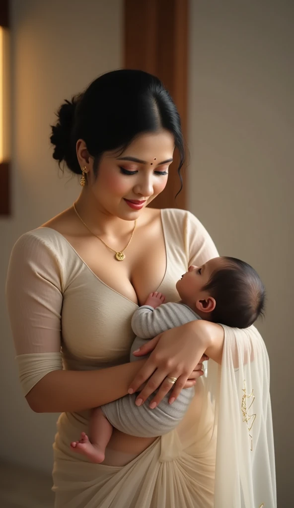 Beautiful young indian woman in red lehanga is breastfeeding her baby by opening blouse