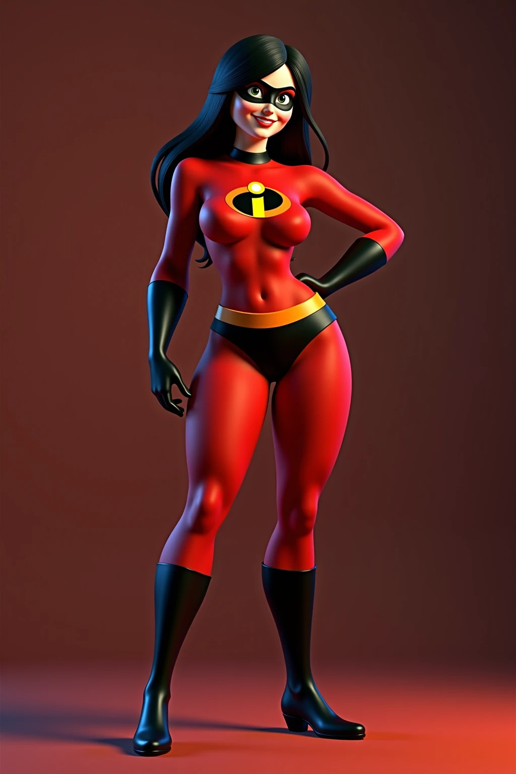 ripped skintight red clothes with black panties and the incredibles logo on, tall black shiny boots. black mask around eyes, long straight black hair, blue eyes, cleavage, sexy violet parr, masterpiece, high res, 32k (perfect anatomy:1.5), perfect legs, perfect arms, cleavage