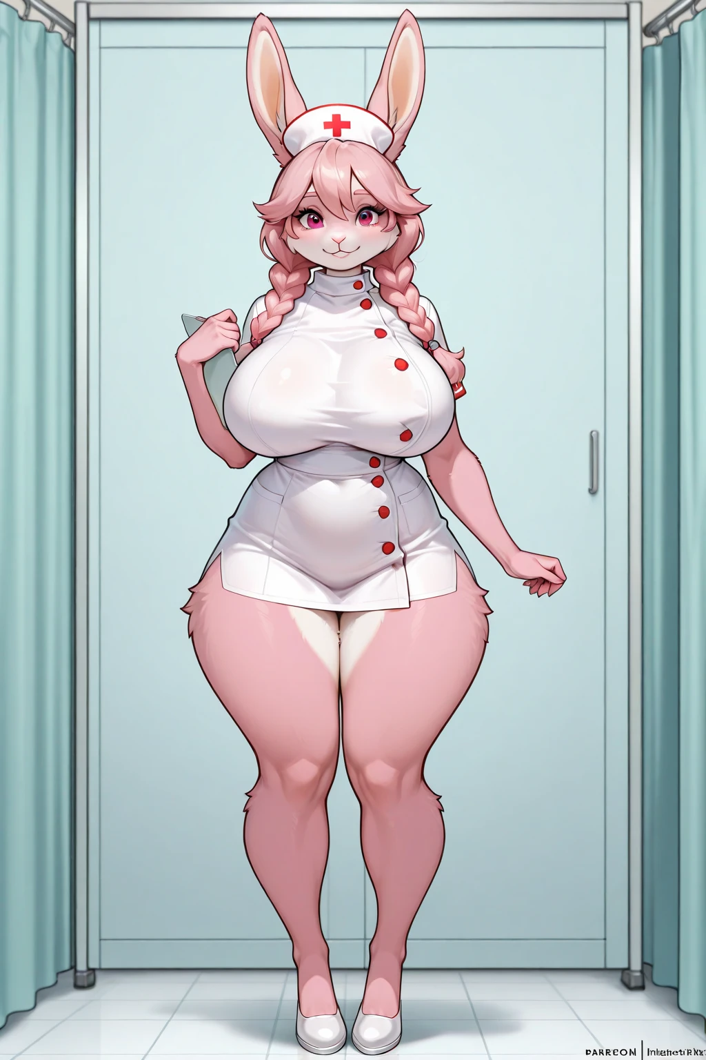 score_9, score_8_up, score_7_up, score_6_up, score_5_up, score_4_up, PawEvieXL, blue eyes, star-shaped pupils, pink hair, short hair, hair bow, blue bow, animal ears, pink rabbit tail, big breasts, pink choker, left single shoulder, single off shoulder, puffy collared dress, blue dress, pink thighhighs, thighhighs socks, solo, standing, arms behind back, seductive smile, looking at viewer, indoors <lora:PawEvieXL:0.9>