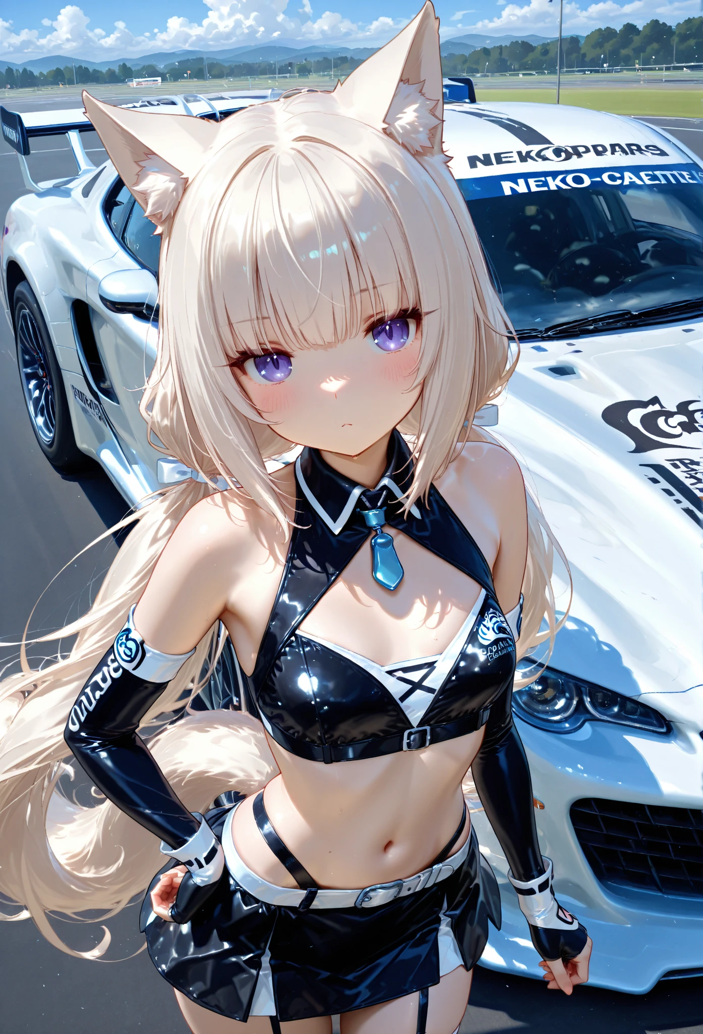 beautiful, masterpiece, Highest quality, anime, One girl, C Cup,Portrait Shot, View your viewers, Covered、Short Hair、nearby、Blue Eyes、art、、White hair,black streaked hair、wallpaper、hairpin、Cute smile、Thighs、navel、Black and White_Open race queen、Black and White_Gloves、Black and White_Knee-high boots、Shooting from an angle、Wave one hand、Cute、Shorts、Racetrack、Supercar