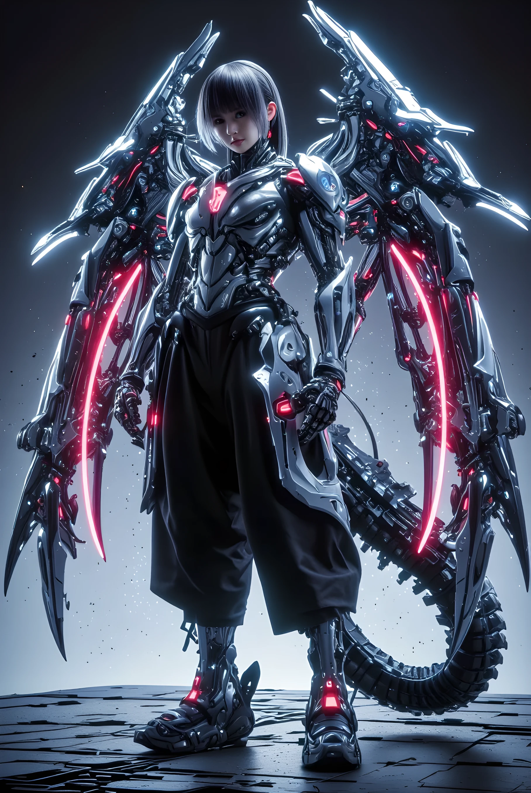 3d Real Film style, hyper realistic, hyper contrast, hyper detail, cinematic light, minimalist girl character design. Full-body portrait of a male cyborg character named chan li, in the style of Street Fighter. The character is wearing mecha wings at back and black pants, with metal armor and numerous gears on their back , minimalist style. anime minimalist color tone style, presented as a 3d digital graphic with full color. The background is cyberpunk-themed, with high resolution and detailed skin texture. The character has dark hair, a cybernetic arm, and short hair, and is wearing gloves.