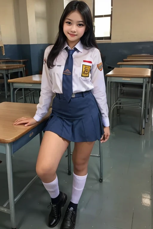 realistic, extremely detailed, 8k, trending on ArtStation, Intricate, High Detail, Sharp focus, cute high school girl, beautiful, standing, indohighschool uniform, black wavy hair, school hallway, cute, photorealistic, full body, detailed, high quality, wearing pink panties, bottomless, visible panties