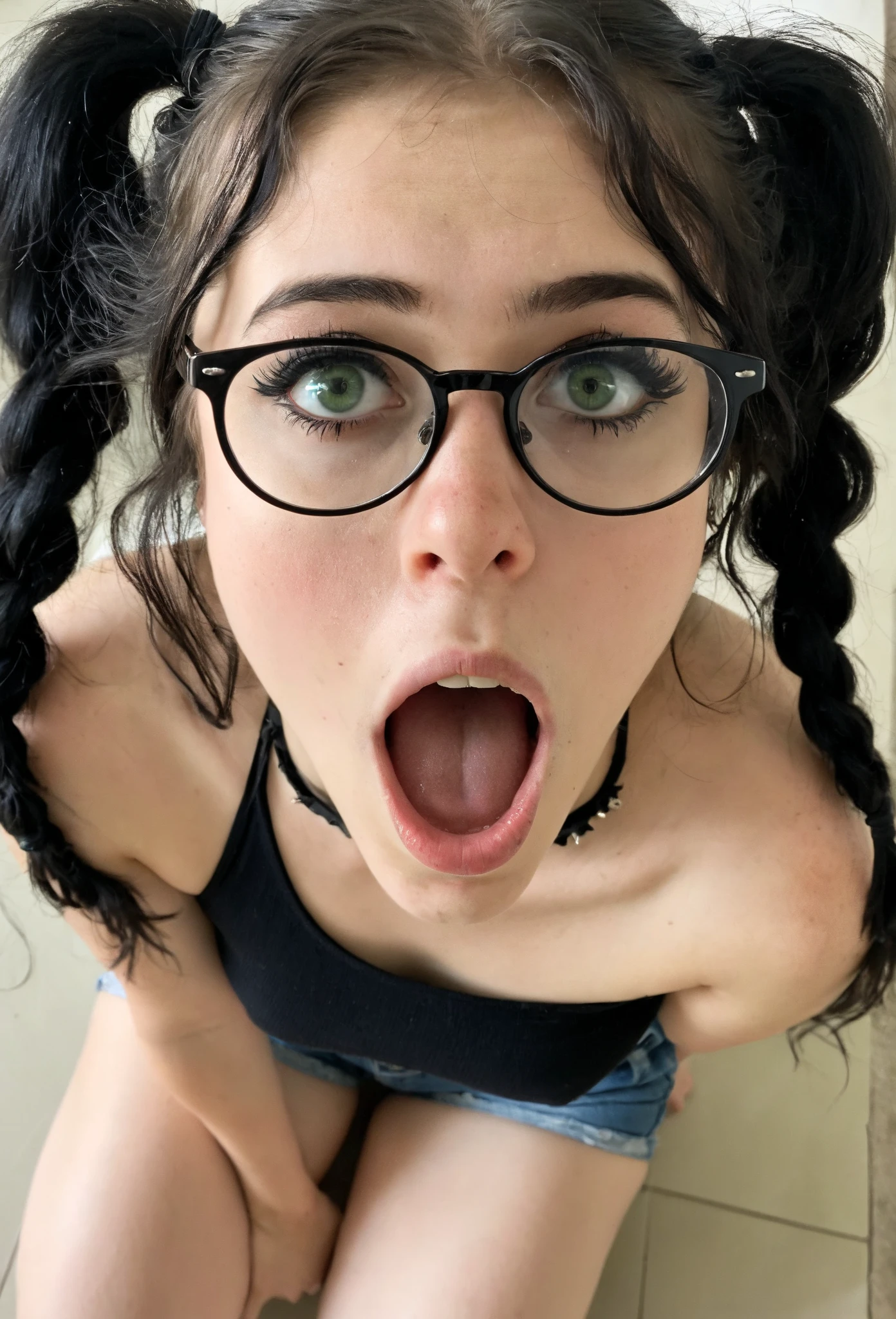 4K、Realistic depiction、Beautiful image quality、、beautiful girl、20-year-old、mouth、Baby Face、主にmouthを大きく描きます、mouthを画面の主要部分として描画します、look up、大きく開いたmouth、tongue、長いtongue、tongueをmouthから出す、mouthの中が見える、mouthを開けて喉を見せてください、Throat is visible、mouthの中が見える、大きなtongue、綺麗なtongue、Seductive eyes、Looking up、Wearing glasses