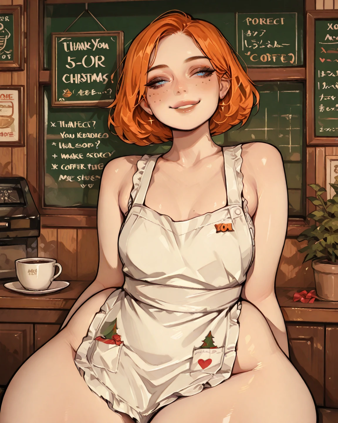 1girl, 独奏, pubic hair, bottomless, (tmasterpiece, beste-Qualit), a 1girl, 独奏, looking a viewer, curly hair, big size breasts, naked ass, naked body, A big smile, stooping forward, pretty eyes, Eyes glow, Female genitals, adult body, Adagio Dazzling, orange hair, Curly, violet eyes, brawn, white shirt on naked body, A mug of coffee in your hands, morning, Balcony of the house