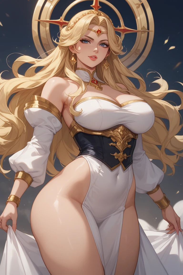 sensual, long blonde hair, thick thighs, 8K, 4K, highest quality, High resolution:1.2), cute anime face, noise reduction, shining blue eyes, gentle smile, Gentle eyes、(((whole body)))、toned abdominal muscles, muscular arms, muscular legs, young face, anime eyes, (((big breasts、Breasts that are about to burst)))、(((sophitia)))