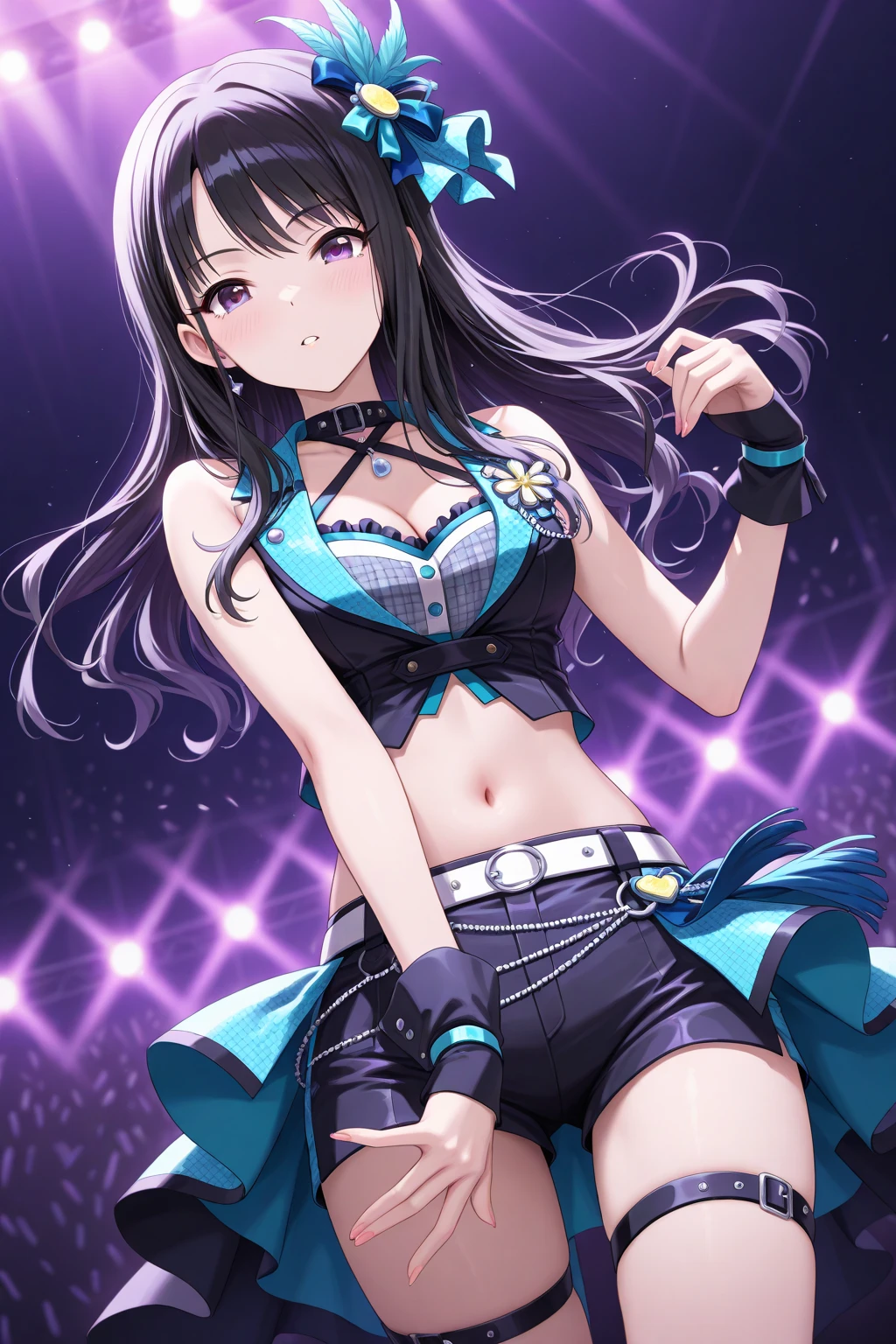 (((SHARP detail perfect face))), detailed skin, ((masterpiece)), best quality, (SHARP details), 8k, ((idol)), on stage, (neon lights), (exhibitionistic and colorful (idol clothes)), sweat, underwear, ((multiple girls)), idol group,