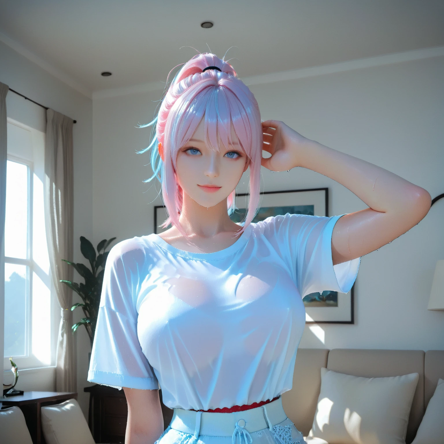 clothed、short jacket、(The photos are real:1.4)、(hyper realistic:1.4)、(realistic:1.3)、
(Smoother lighting:1.05)、(Improve lighting quality in movies:0.9)、32k、
1 girl in、20 year old girl、Realistic lighting、backlight、face light、Ray tracing、(bright light:1.2)、(quality improvement:1.4)、
(High quality real texture skin)、narrow eyes、purple eyes,Facial details are more delicate、
(tired, sleepy and content:0.0)、face close-up、White T-shirt、a belly button、big ass、boyish shorts、white shorts、Wear white shoes、(Improvement in physical mood:1.1)、shiny skin,pink hair,headgear,huge ,The breast contour is clear