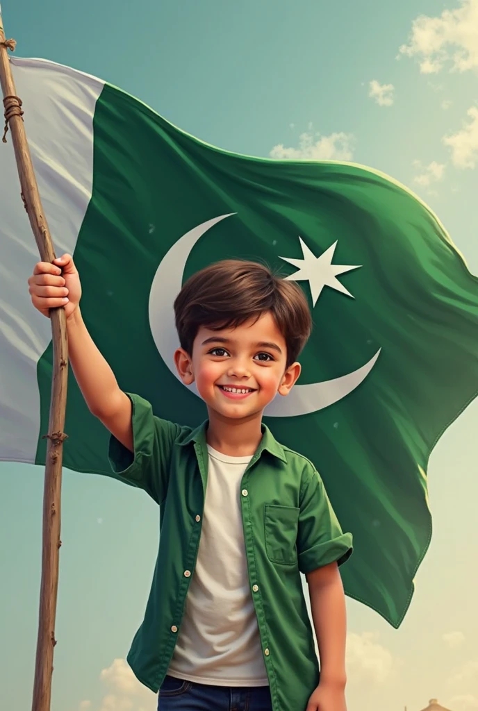Modern  muhaammad Sachal and His 3 year old Son Asfand ali celebrating independence day of Pakistan with flags in home