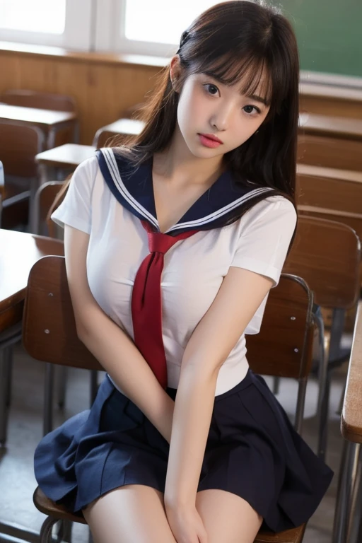 ((Breast enlargement)), (masterpiece, Highest quality:1.2), 8K, Young and beautiful girl, 85mm,Official AR RAW Photos, (Baby Face), ((Small face)), (((Super big breasts))), Detailed nipples, Show me your ears、photo shoot, Cute face, Thighs, Classroom after school, Looking at the audience, Embarrassing、smile、 makeup, Film Grain, chromatic aberration, Sharp focus, Face Light, Bright lighting, 10 generations, Detailed face, Background blur、((((((14 year old high school girl))))))、Narrow waist, ((Sailor suit, Navy Pleated Skirt)), (White tiny panties), Sit with your hands on your knees, (Show me your underwear)