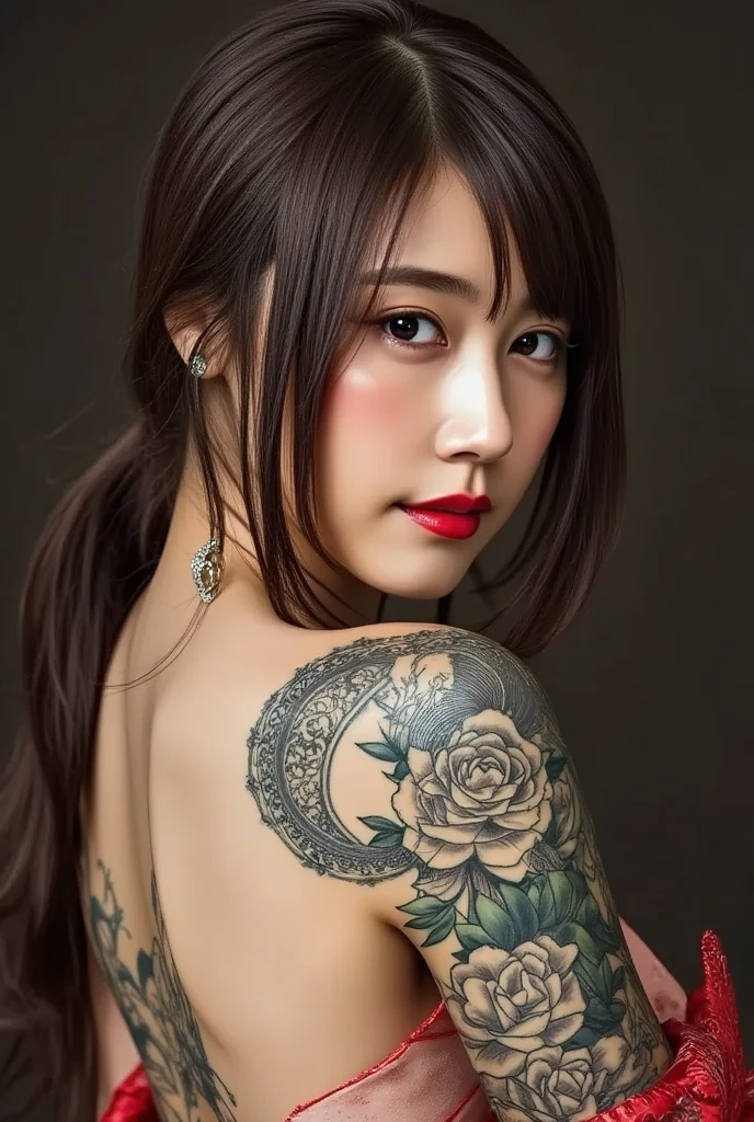 A exceptionally beautiful elegant women, 20 years old, Tattoo, The background is flower, Artistic style, Full body shot, shot from feet to head, 3d photolistic,3d realistic,32k,hyper detail,ultra realistic,grossy skin ,soft lighting