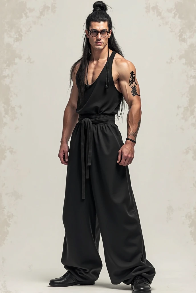 character sheet, filipino male, brown curly hair, standing, beard, slim build, cowbow, butcher clothing, mullet, full body tattoos, boots, blackout tattoos, earrings, long fur drape