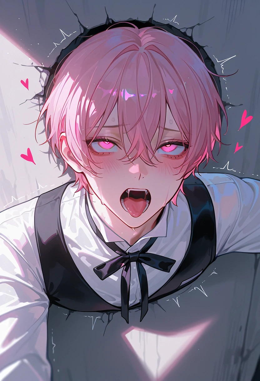 anime boy with pink hair and black jacket holding his hand to his face, delicate androgynous prince, beautiful androgynous prince, his eyes are bleeding intense, crying and smiling franticly, portrait de shanks le roux, handsome guy in demon slayer art, (winking), giga chad crying, detailed anime soft face, by Eizan Kikukawa
