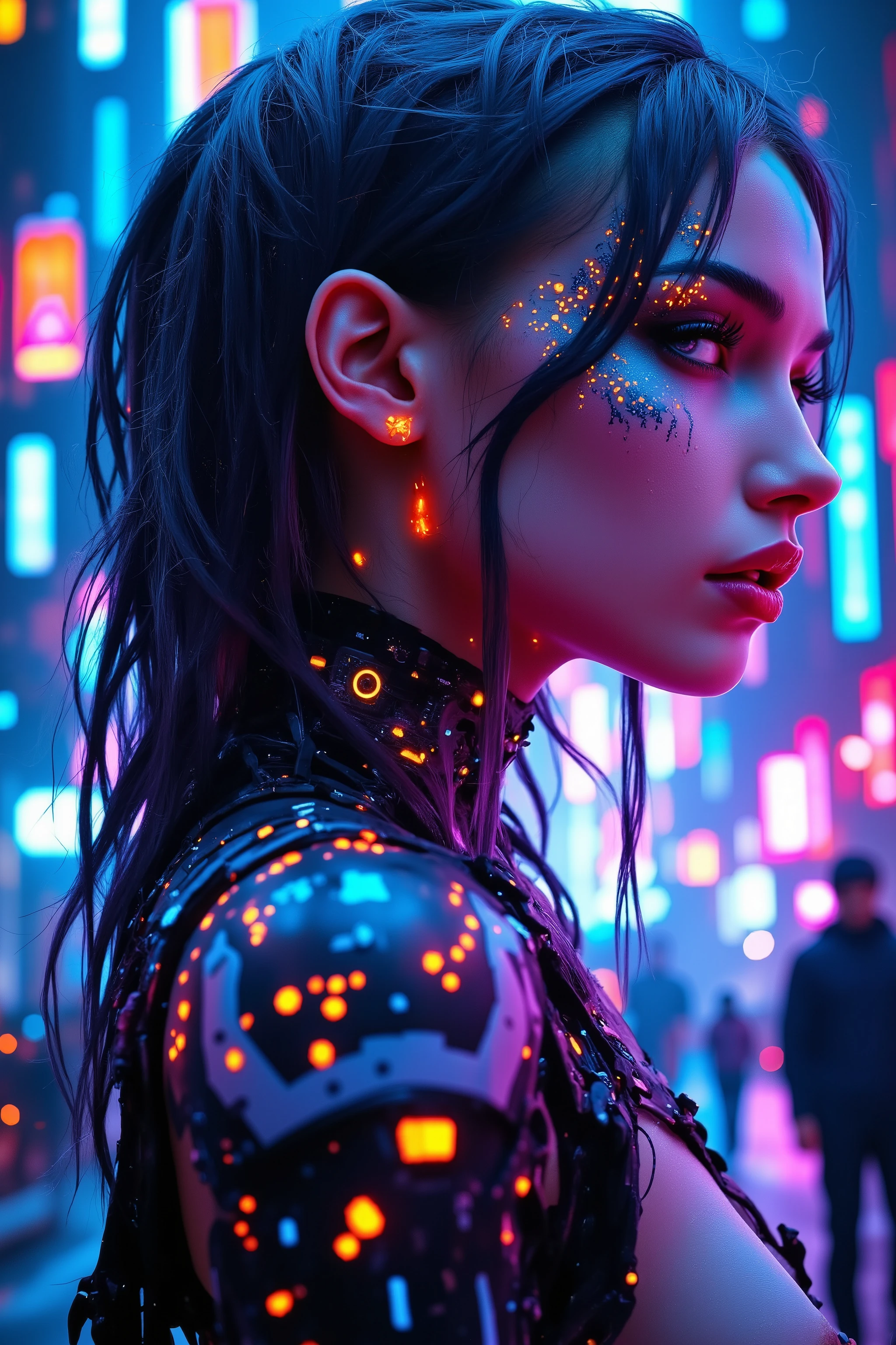 cyberpunked masterpiece, full body image, best quality:1.2, 1 female, solo, quantum flow matrices across face, circuit board etching along neck, logic gate patterns on temples, digital node markings pulsing with energy, tech-tribal markings flowing down arms, futuristic cityscape, neon fog, depth of field, synthetic augments, photorealistic