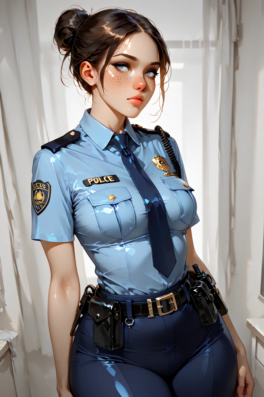 (((1 person:2.0))),(((Police Costume:1.2))),(((Short sleeve police shirt:1.3))),(((Ultra mini skirt:1.2,belt))),((Put the watch on your wrist:1.2))),(((Showing cleavage))),(((Exposed thin inner thighs))),(((Small breasts:1.5))),(((Bare arms))),(((Very short hair))),((Blushed:1.5)), Beautiful detailed girl, Very detailed目と顔, finelyてBeautiful Eyes, Very detailed, High resolution, highest quality, masterpiece, Very detailed, 8k wallpaper, wonderful, finely, highest quality,(Wooden wall facade:1.2),(Dark indoors:1.0),Beautiful Eyes,((Engage your audience:1.2)),,Above the knee shot,((Are standing:1.2)),(((Drunk face:1.2)))