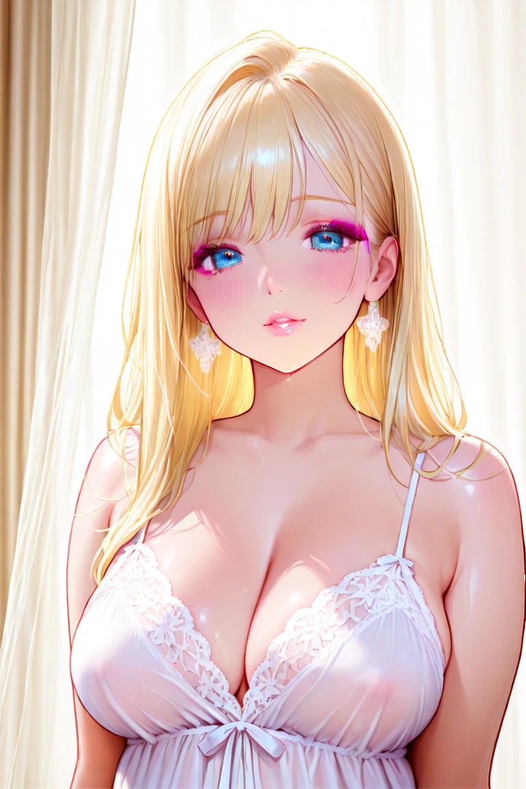 ((Лучшее качество)), ((шедевр)), (подробный), ((((masterpiece)))), ((((high quality)))), ahegao, anime, erotic, ero, sexy, hentai, solo, oshino shinobu, , blonde hair, (((seductive look))), small breasts, flashing breasts, ((nipples)), decolete, white shirt, nightgown, ((half body)), look at viewer