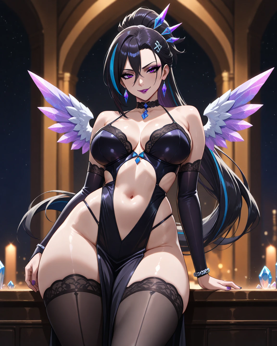best quality,4k,8k, highres, masterpiece:1.2), ultra-detailed, extremely detailed eyes, extremely detailed body, (large masterpiece digital art), (detailed manga illustration), (detailed line art), ((perfect anatomy)), (intricate details:1.3), (ultra-detailed:1.3), (illustration:1.3), (sharp focus:1.3), (natural lighting:1.05), (vivid colors:1.3), (masterpiece), (best quality:1.4), (perfect anatomy:1.4), high quality, expressive eyes, full body, detailed face, beautiful face, perfect face, 1girl, ((dark skin)), animal ears, black sclera, smile, colored sclera, breasts, solo, monster girl, black hair, (wolf ears), large breasts, curvy, wide hips, long hair, ((gold eyes)), claws, grin, fur, looking at viewer, collar, ((dynamic action pose)), tail, wolf tail, dragon horns, wings, sadistic smile, hair over eye, {regal outfit}, tiny crown, blue fire, curvy, china dress, dark skin, cinematic lighting, dramatic atmosphere, Beautiful woman, dragon spear in hand, Jeff Bridges, ((cartoon style)), Marvel Cinematic Universe style, (((hell castle in the background))), soft bokeh of hellscape, Atey Ghailan, Jeremy Mann, Greg Manchess, Antonio Moro, trend in ArtStation, trend in CGSociety, Intricate, High Detail, Sharp focus, dramatic and photorealistic painting art by Midjourney and Greg Rutkowski, 