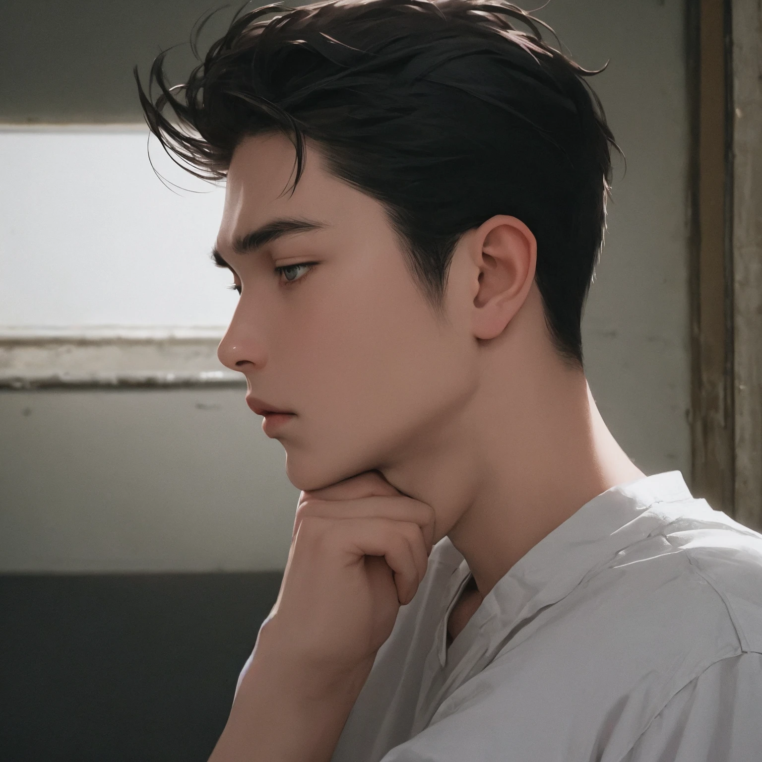 (masterpiece, best quality:1.3), realistic, 1man, upper body, short hair, (Undercut With Long Hair:1.3),