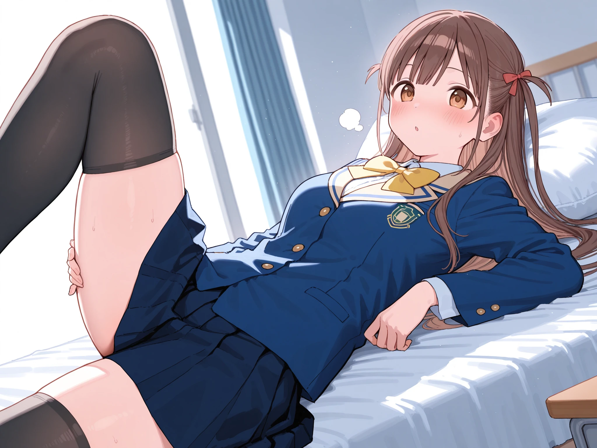 Glare　Glare　Absurd, High resolution, masterpiece, Highest quality, megumi tokoro (Million Live), (shy:1.1), Virgin Killer Costume, White frill shirt, (Black Skirt:1.1), Black knee socks, Bedroom, Sitting, From above, ,Expressionless　look down　 ((Skirt flip))Roll up your skirt　Black knee socksックス、 Panty shot、フト up the skirt、Show your underwear、Under the spotlight、delicate underwear、(((Show off your underwear)))、Spread your legs、、Light blue underwear、Light blue pants、((Light blue lace panties))、Jacket, Pleated skirt, black knee socks, zettai ryouiki, Plaid, Plaid skirt, blazer,