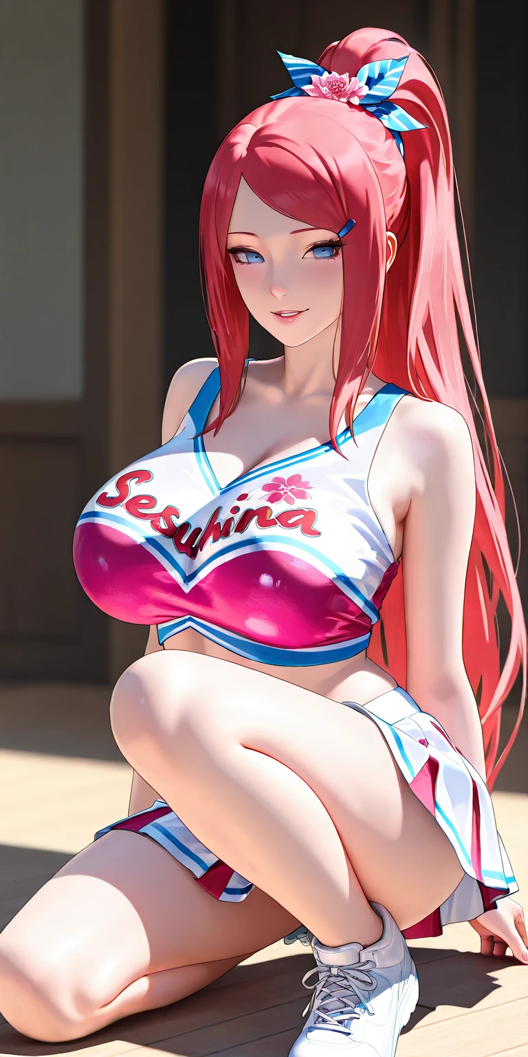 best quality, masterpiece, extremely detailed CG, official art , professional lighting, sakimiyairuka, red hair, green eyes,(one side up), medium hair, side ponytail, green scrunchie, hair ornament, shiny skin, smile, big breasts, gold  bikini, groin, collar, beach