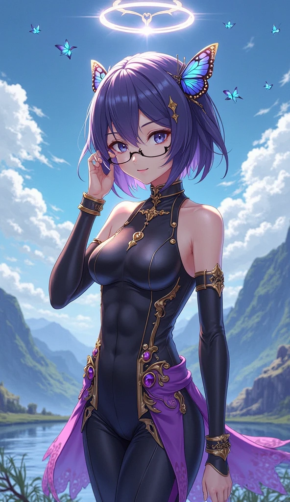 Beautiful teenager, 1girl, purple hair, extremely short hair, blue eyes, freckles on face, happy, smiling, thin frame eyeglasses, thick lips, full lips, huge breasts, extreme cleavage, deep cleavage, very thin body, bikini armor, metal bikini, heart shaped choker, fantasy bikini armor, midriff, lower abdomen exposed, betal thigh boots, perfect anatomy, ultra-detailed, 4k, 8k, best quality, masterpiece, model, modeling, posing for camera, fantasy village background, sunny day