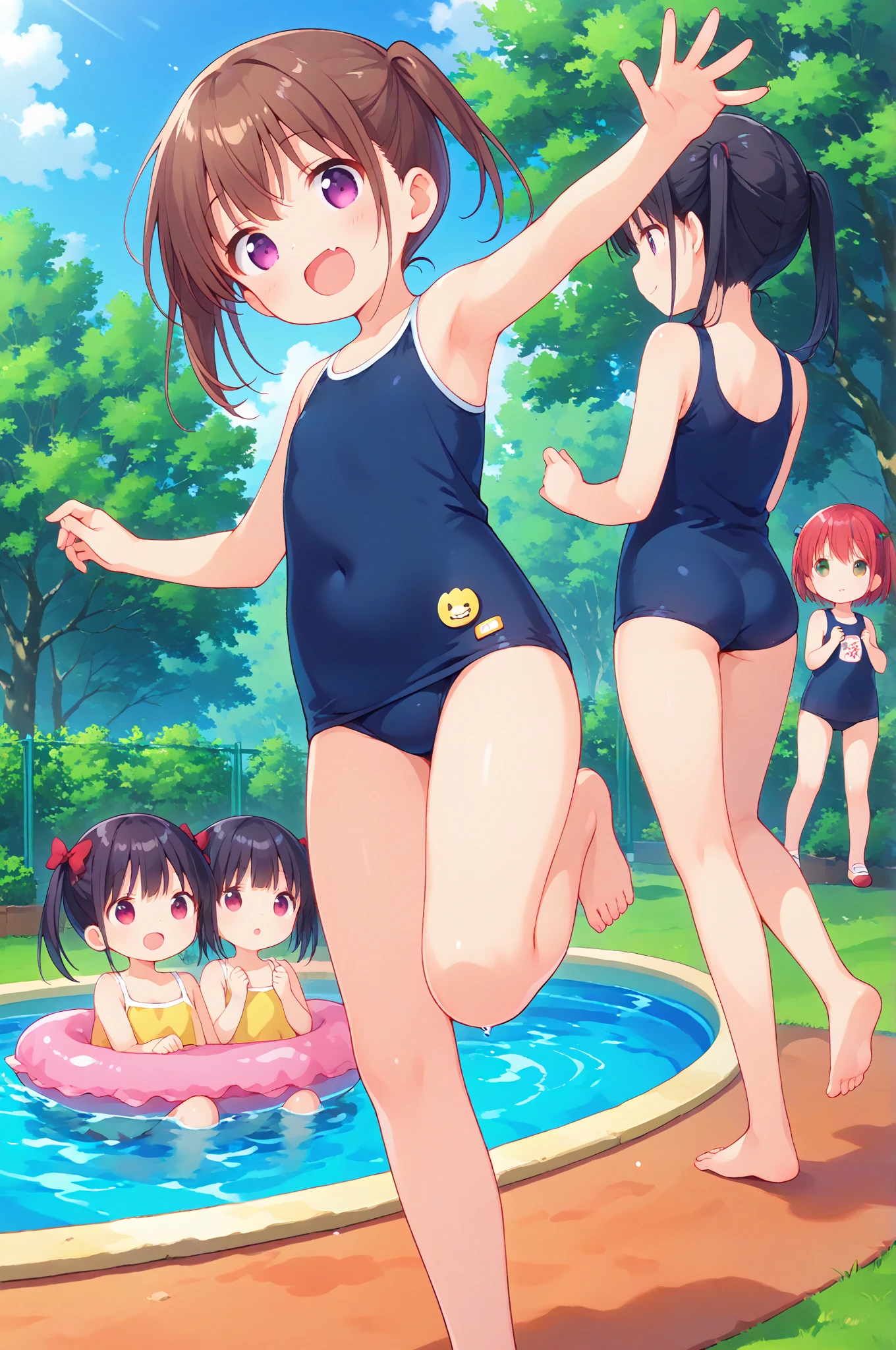 tideland、shoot from below、Black T-shirt、Black Swimsuit、The buttocks are digging in、Short black hair、Thighs、Girl、Girl、Short、Younger、Lower school year、Baby Face、Both eyes open、flat chest、smile、Dynamic Angle、Beach、My feet are covered in mud、There&#39;s mud on my face、sunlight