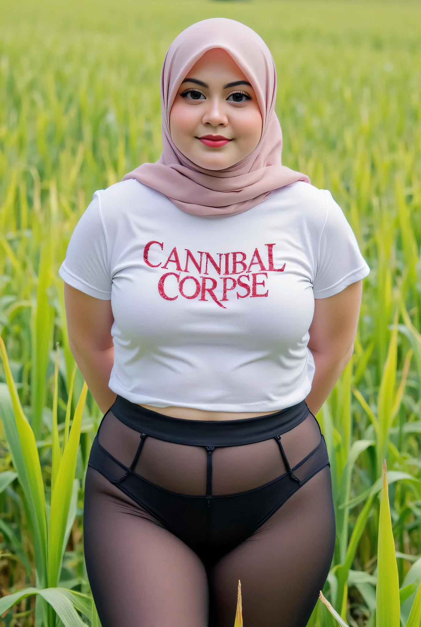 Just Front photo, wear a loose drop Looks like a little rubber panties pastel translucent (black) leggings closed my center, Tetek besar melayut, hijab hijab hijab  hijab, (photorealistic:1.6), background rice paddy. daytime atmosphere, don't put any rope! flat chest!, duduk di atas kerusi kaca, hands behind back while legs astride,  view from  front, wearing short t-shirt 'Cannibal Corpse' logo blood font print, (chubby body) "PINK SPECTLES"