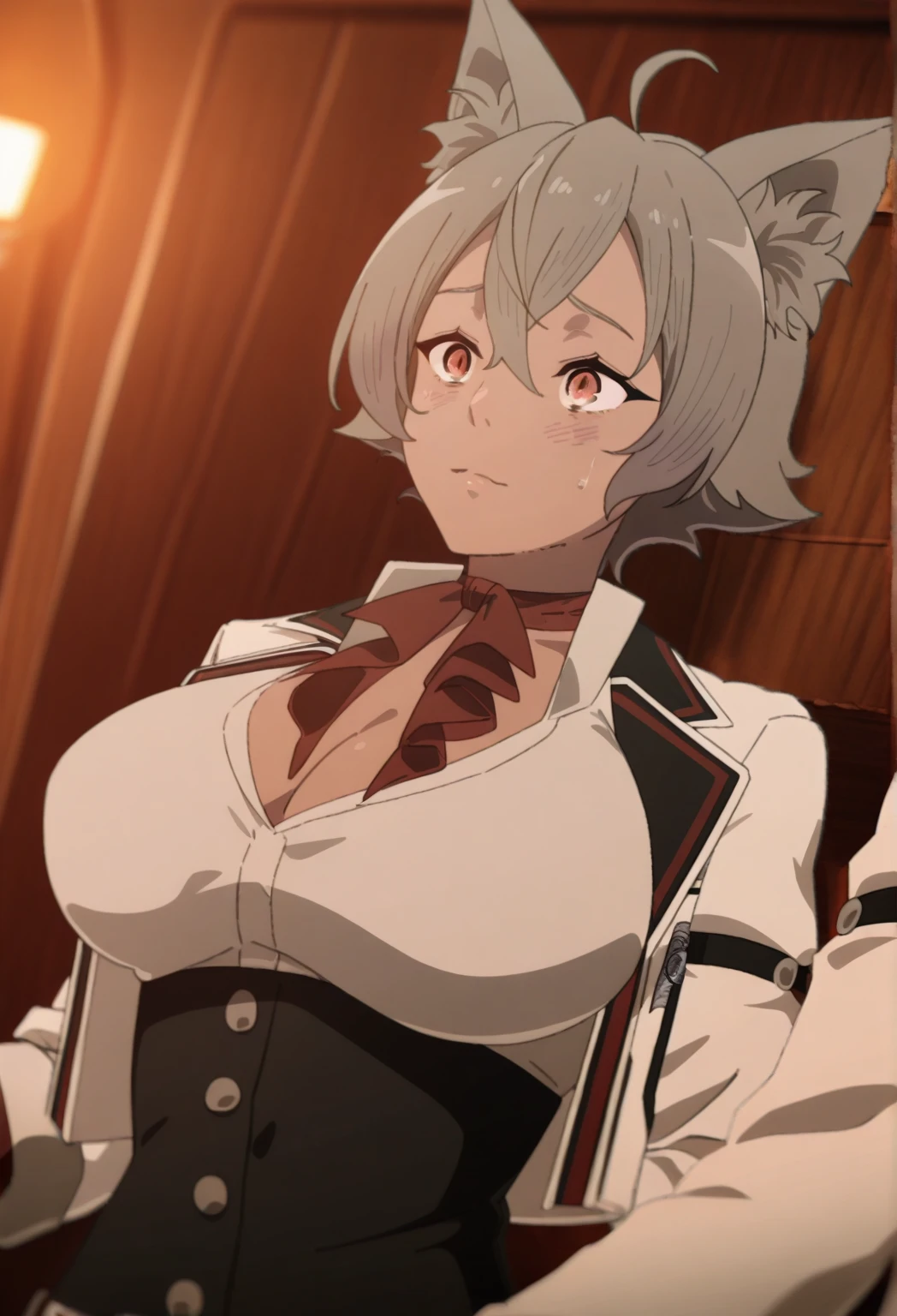 ((masterpiece, Highest quality, Absurd)), One person,(Lineana Dedoldia), Large Breasts, Cat ear, Red eyes, Cat ear, Feline tail, Cleavage, Gray Hair, short hair, uniform, Short sleeve, White jacket, Red pleated skirt, Red Bow, cowboy shot, View your viewers, indoors