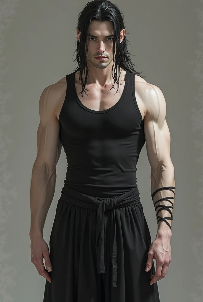 create a hyper-realistic one-man. He is white and handsome, he is domineering. He has long black hair that goes down to his waist and is loose.. Your body is extremely muscular. His expression is dark and dominant. He is older and naked with his big strong body.