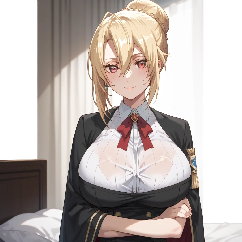 Roxanne Demin kin 1girl, solo, breasts, large breasts, Body position: Standing, straight, symmetrical, barefoot, Lustful smile on face with red blush, fluffy ears, dog ears, blonde hair