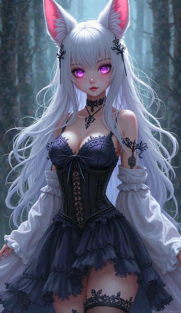 purple witch girl in light dress with hat, magic lights, satin, fur, (stockings), decollete, natural breasts, slim body, zettai ryouiki, medium length hair, beautiful detailed bright emerald eyes, portrait, most realistic, highest quality, best quality, Detailed,Realistic, 4k highly detailed digital art, octane render, bioluminescent, (cool_color), best pixels, 8k ultra