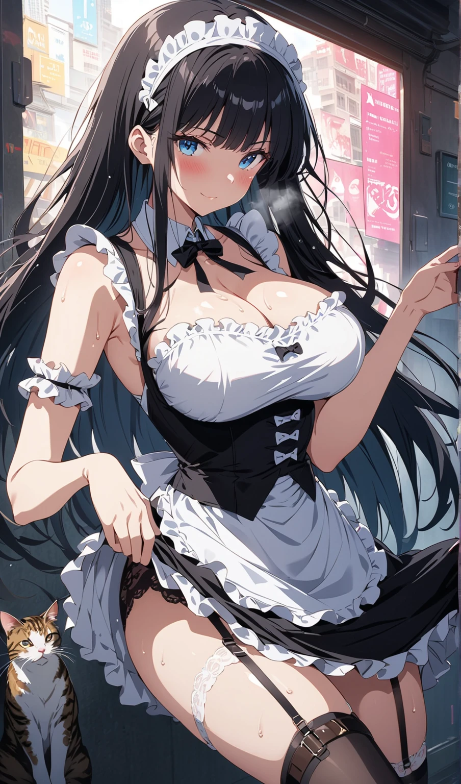 woman, maid, sexy body, curvy body, big breasts, cleavage, red eyes, long straight black hair, ((twintail hairstyle)), big hip, ((stockings, garter belts, maid uniform, maid outfit)), smiling, beautiful face, detailed face, very detailed, beautiful eyes, full body, full body shot, high quality, detailed background, high resolution, 8k resolution, ultra high detail, (taking a selfie), alone,