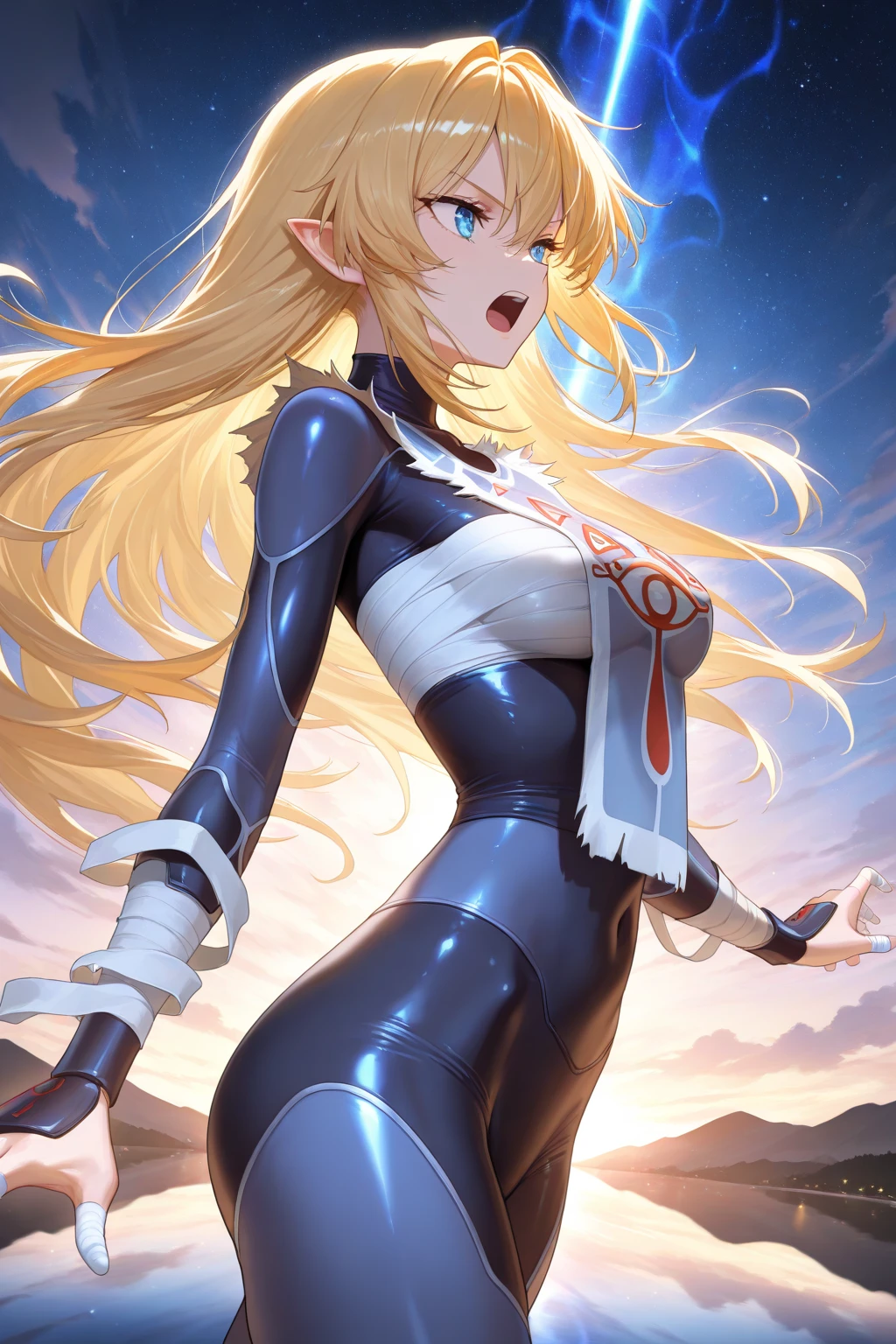 scan, (extremely detailed CG unity 8k wallpaper:1.1), (traditional media:0.9), (sketch:0.9), tracing, ultra-detailed, soft lighting, anime, (1girl), mtladymha, boku no hero academia, long hair, blonde hair, horns, domino mask, bodysuit, large breasts, purple eyes