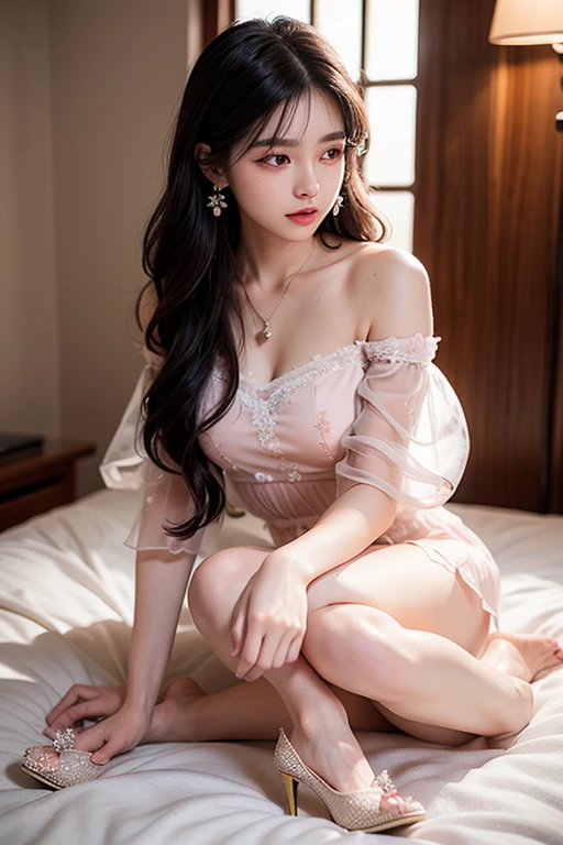 best quality,masterpiece,(masterpiece),((highres)),((high saturation)),(bunches:1.5),(Very long hair:1.2),(oil Highlight :1.2),dslr,(the background is a grand sci-fi city:1.4),straight and round breasts,(1girl),solo,hair ornament,necklace,collarbone,jewelry,Beautiful face,tyndall effect,photorealistic,dark studio,rim lighting,two tone lighting,(high detailed skin:1.2),8k uhd,soft lighting,high quality,volumetric lighting,candid,Photograph,high resolution,4k,8k,blush,(two side up:1.1),hanfu,Enter the picture above the thigh,