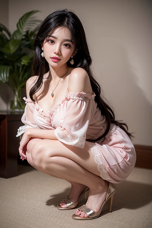 （Masterpiece level，high-quality photo，High realism），Complicated details，Detailed shadows，localized light，An elegant woman，Delicate and delicate face and eyes，blackstockings，Open your legs，The reveal panties，Pink silk skirt，bedroom background