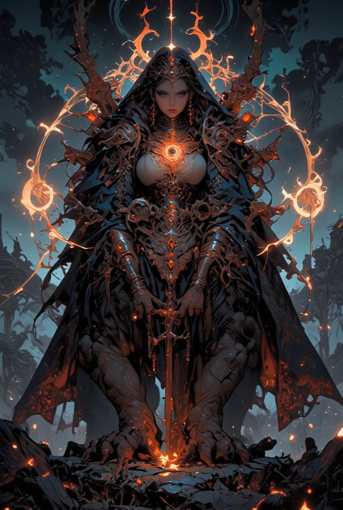 depicts a modern-day witch who has embraced the world of cybernetics to enhance her magical abilities. The artwork should convey the enchanting blend of traditional witchcraft and futuristic technology. Here are some specific elements to include: The Witch's Lair: The setting should be a cozy yet slightly eerie room, filled with magical books, crystal balls, potion ingredients, and antique furnishings. The room should be dimly lit by candles and a soft, mystical glow emanating from her cybernetic enhancements. The Cyborg Witch: The central focus of the artwork is the witch herself. She's a striking figure with a mix of traditional witch attire and cybernetic enhancements. Her clothing should have a witchy, occult aesthetic, with flowing robes, a pointed hat, and an intricate pentagram necklace. Her arms, however, have been upgraded with cybernetic components that incorporate magical symbols and glowing runes. Magical Interface: The witch is in the midst of casting a spell, with a holographic, touch-screen interface floating before her. This interface includes spell incantations, arcane symbols, and digital components, demonstrating her fusion of magic and technology. Spell Ingredients: On a nearby table, there should be a collection of spell ingredients, like herbs, potions, and magical artifacts. Some of these items may have been modified with cybernetic enhancements, blurring the line between the natural and the technological. Familiar: The witch's familiar, perhaps a cat or raven, should be present in the scene, serving as her magical companion. The familiar could also have subtle cybernetic enhancements or glowing eyes. Glowing Runes: The room should be adorned with ancient symbols and glowing runes on the walls and floor, contributing to the magical atmosphere. Aetherial Lighting: Use a combination of mystical, ethereal lighting and cybernetic glows to create a captivating interplay of light and shadow. The contrast between the tradit