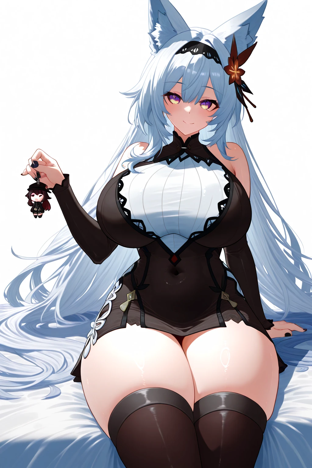 Light blue hair, very long hair, red eyes, big breasts, solo, blush, adult chiffon dress, blue floral pattern stockings, stripped sleeves, wide sleeves, standing pose