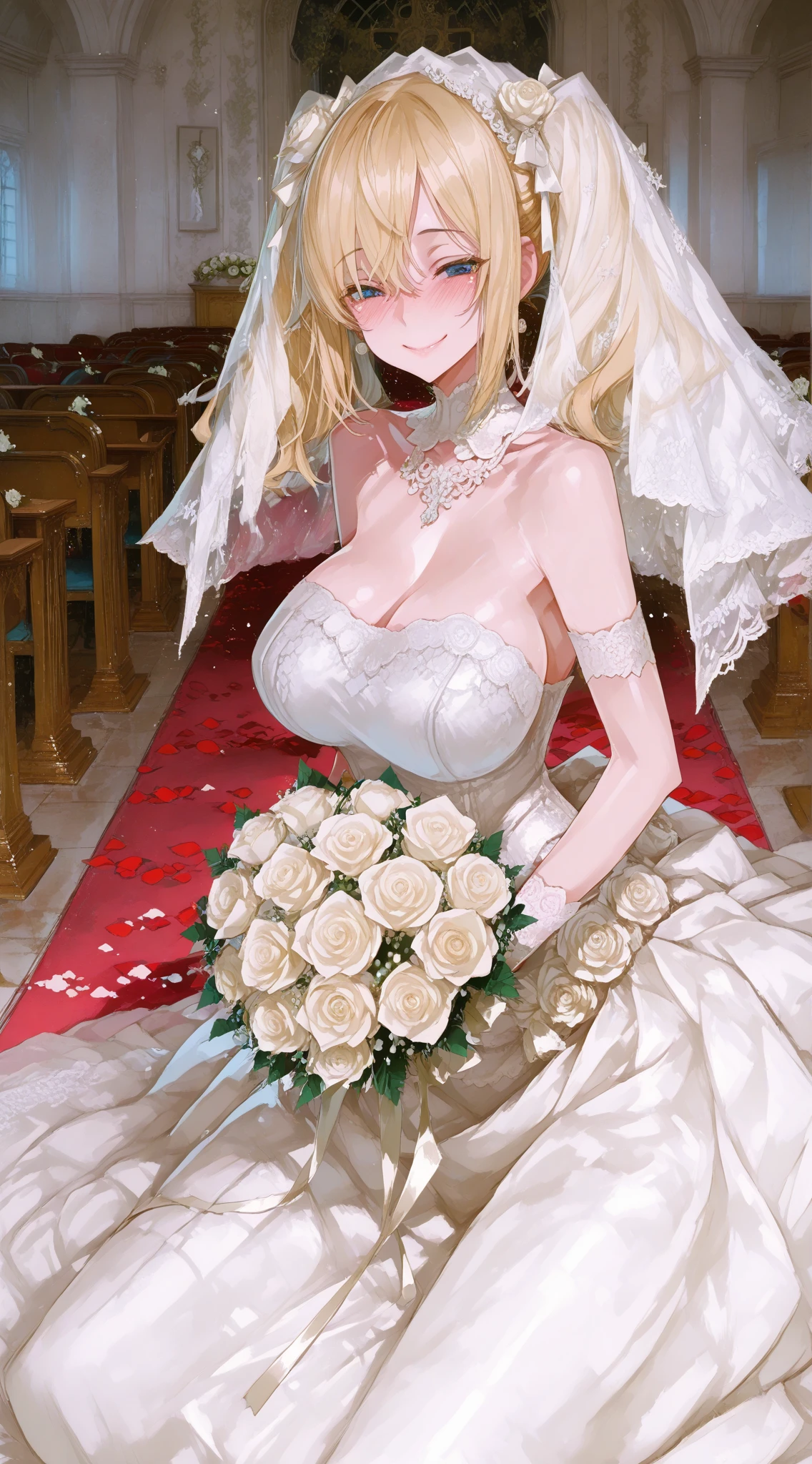 Girl with huge sagging breasts with a sweetheart neckline and a lace neckline ,bridal veil and bouquet 