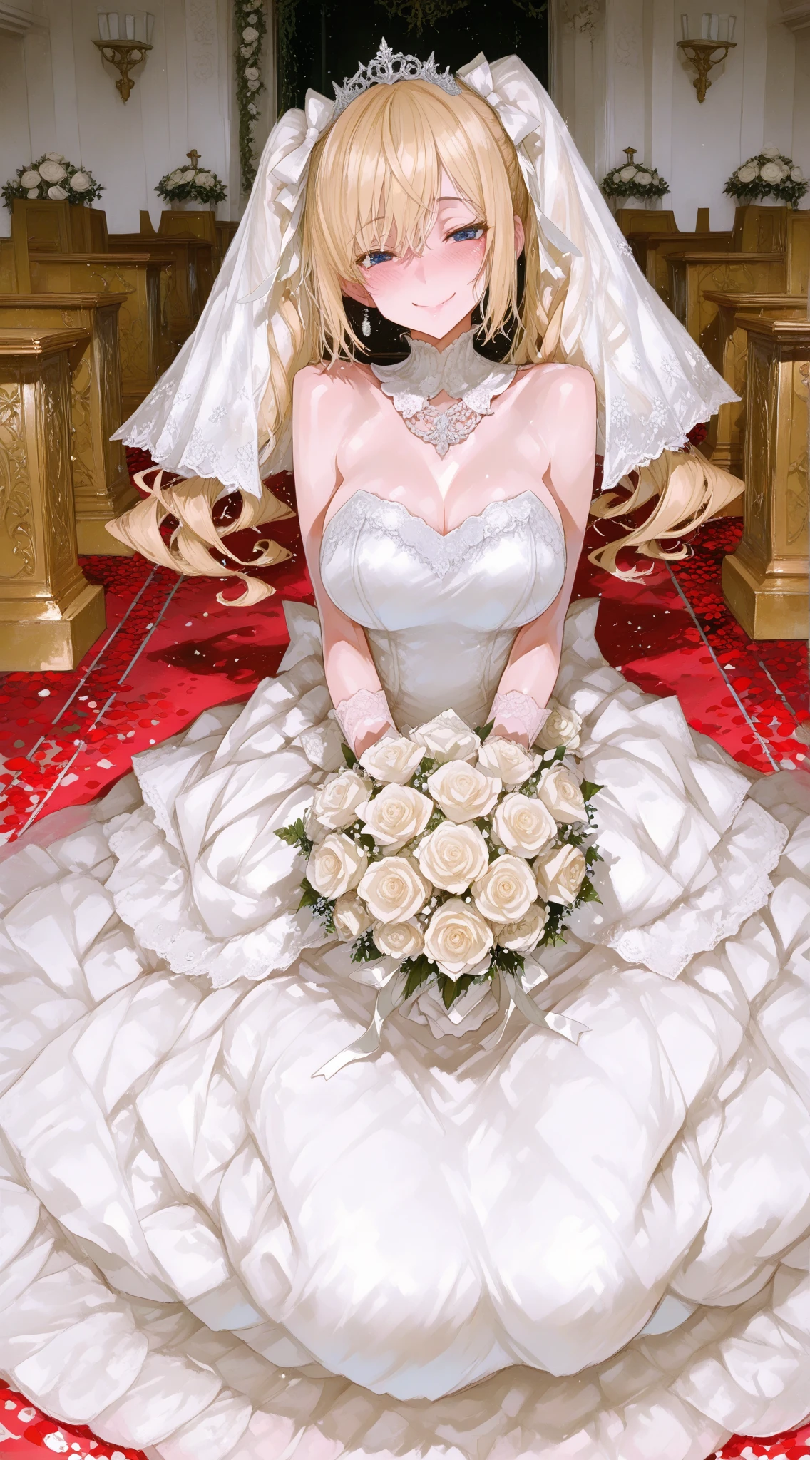 (hight quality: 1.2), (light:1.2), (gloss:0.1), long legs,
saber, Artoria Pendragon (Saber), golden, golden sky temple,
white hair, green eyes, looking at viewer,
breasts , cleavage breast ,
corset ,
empty hands,
(Wedding Dress white golden),
(standing in water:1.3),glossy sexy bimbo,