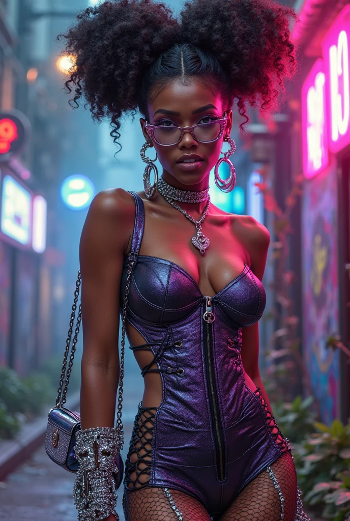 ciberpunk, noche, oscuro, neon lights. ciudad, dystopian future, Science fiction, (8k), (Mejor calidad), (obra maestra:1.2), (Realista), (photoRealista:1.0), ultra detallado, 1 chica, Ebony, negro, Correr, calle, , el 18, adolescente, camiseta sin mangas sexy, Chaqueta de laether abierta, Ligas, piernas, cuerpo completo, lindo, pecas, hermosos ojos detallados, hermosa nariz detallada, Ligas, sexy piernas, Realista skin texture, cara atractiva, cabello corto, Cabello rosa afro