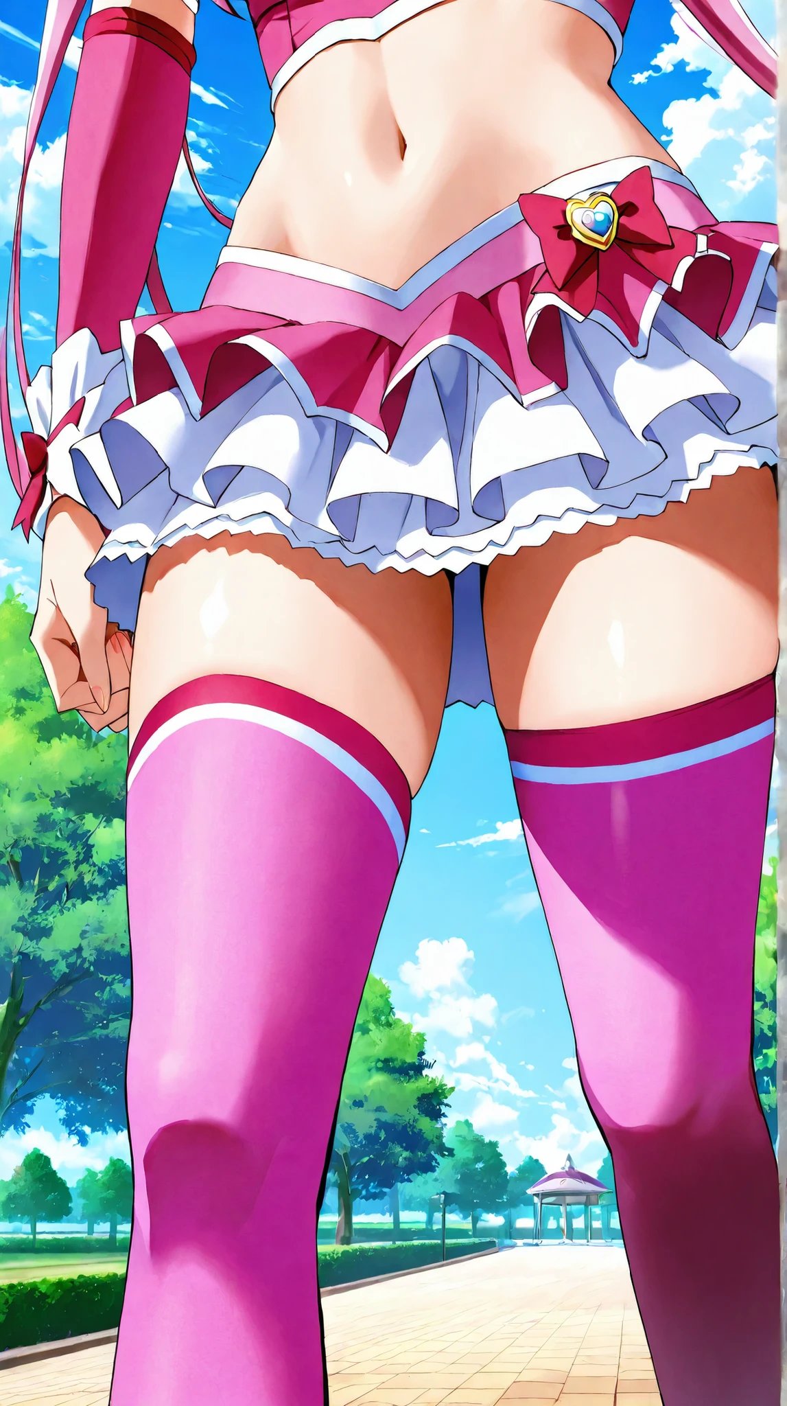 10 year old girl underwear, Realistic bloomers made from patterned cotton fabric, Medieval one-piece dress with panniers, Fabric Realism, Low - Angle, I see bloomers, Pull up the dress by hand, Strong winds, Translucent slip, Translucent slip, tights, Highest quality, Crotch close-up, whole body