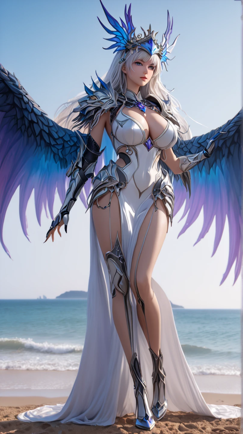 a sexy cyber girl with futuristic angel cyber large wings in nipple clamp clitoral jewelry vaginal chain, dangles clip on nipple rings luxury jewelry body, beautiful goddess, full - body majestic angel, as a mystical valkyrie, extremely detailed, futuristic angel knight girl, beautiful futuristic goddess ,beautiful breast , huge breast, elegant pose ,standing in golden dreamlike background