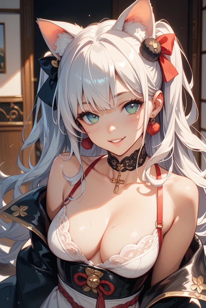masterpiece, highest quality, Very detailed, 16k, Ultra-high resolution, Cowboy Shot, One 14-year-old girl, Detailed face, smile, Perfect Fingers, Fox Ears, Fox&#39;s Tail, Golden Eyes, Blonde, Long Hair, Red kimono, in the forest, During a walk