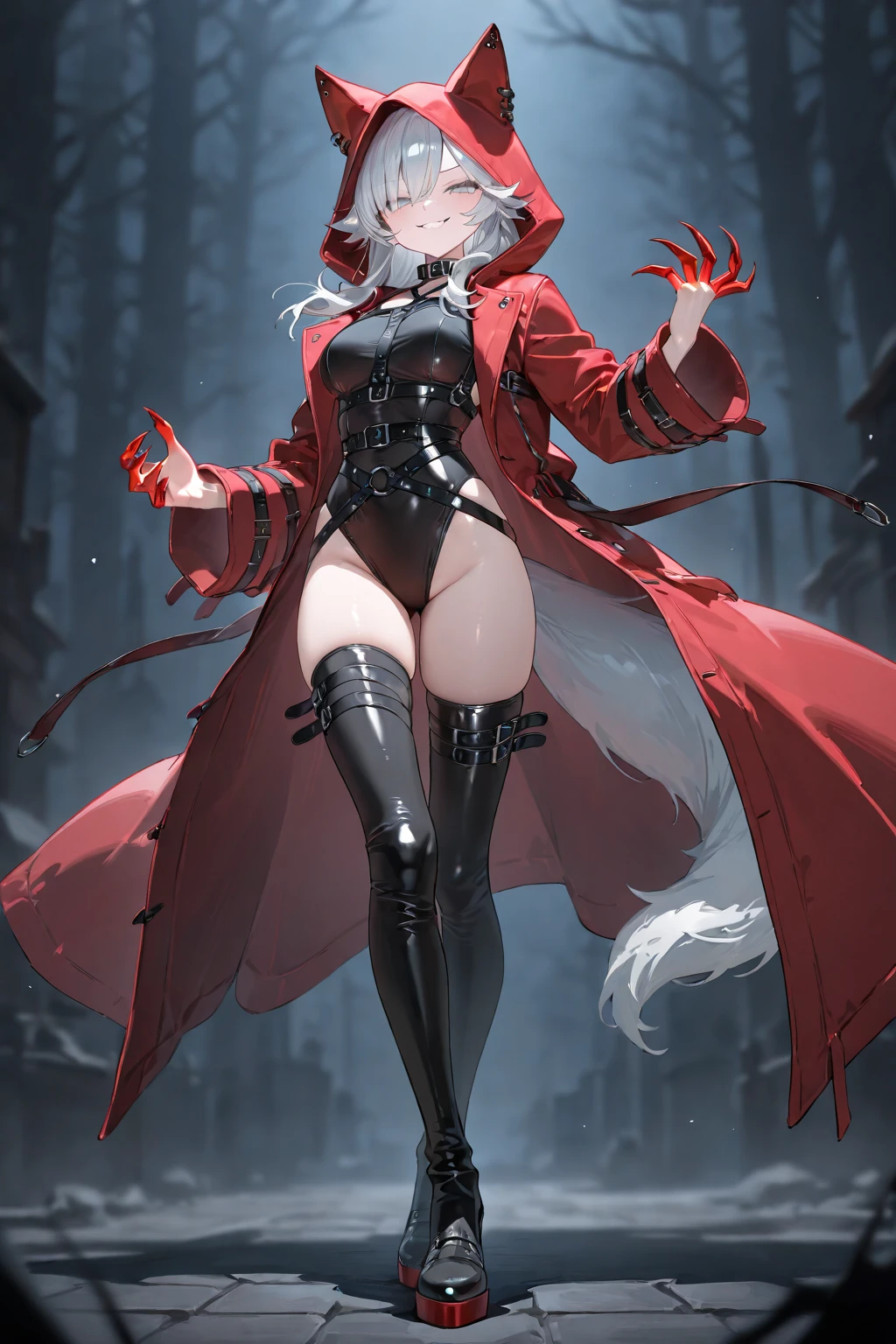 ((((((1boy)))))), fluffy blonde hair, ((big sharp wolf ears)), wolf tail, slim figure, ((pale skin)), sky blue eyes, joyful, big thighs, fangs, slim waist, lean figure, skin pale, youthful appearance, (((bulge))), black thigh socks, black coat, twink, full body view, excellent physique, victorian gothic clothing, (big butt)