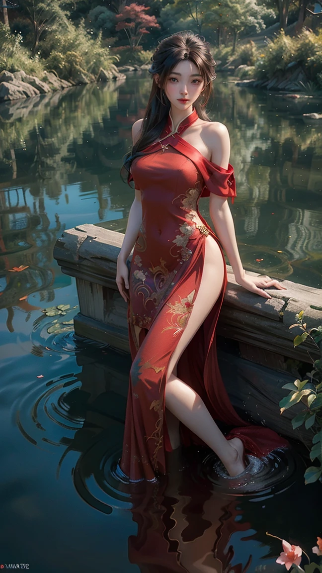 A girl standing on the bed under the stars, delicate smile, beautiful delicate eyes, beautiful delicate lips, extremely delicate face and eyes, long eyelashes, sexy body, flowing hair, best picture quality, famous works, ultra high resolution, (realistic :1.4), RAW photos, (Beautiful face :1.2), (Lying on the water :1.5), 1 girl, (Surreal), (8K), (4K), physical rendering, starry sky, ((full body shot)), barefoot, cross-legged, wearing a dress, long skirt