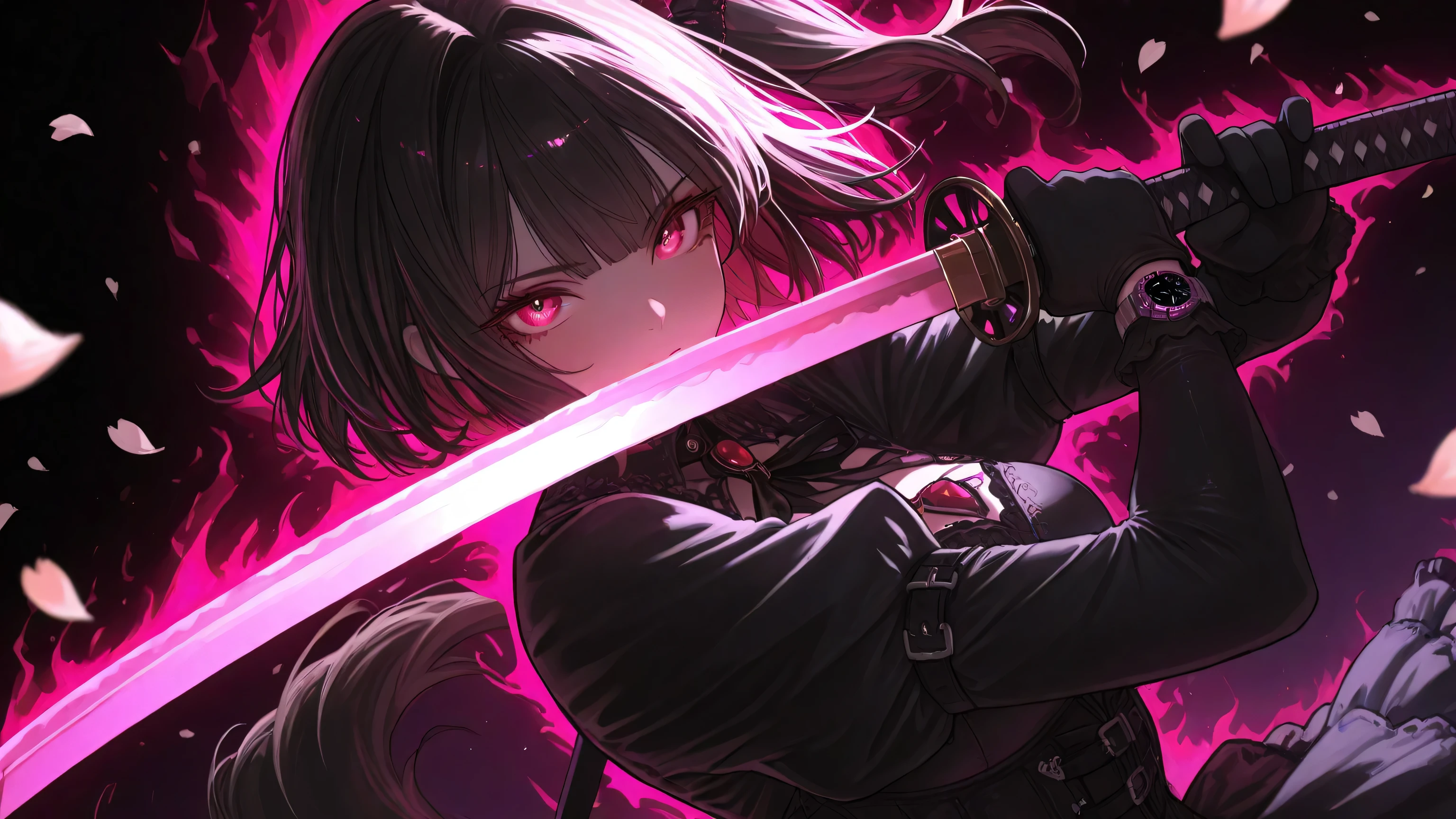  {{{masterpiece}}}, {{{best quality}}}, {{ultra-detailed}}, {illustration}, {{an extremely delicate and beautiful}},  general , aura light,Sluisap,Sakimistyle,XXX668 _illu,748cmstyle,dark gothic, great quality,  CHARACTER FOCUS ,  minimalist,  side angle,  upper body,  Princess cut, Long horse tail , Cybernetic , has katana, pose serious , DYNAMIC ANGLE,  face focus,  Watch viewers,  backaura,  one side light ,fantasy world background  ,cherry blossoms falling outside background 