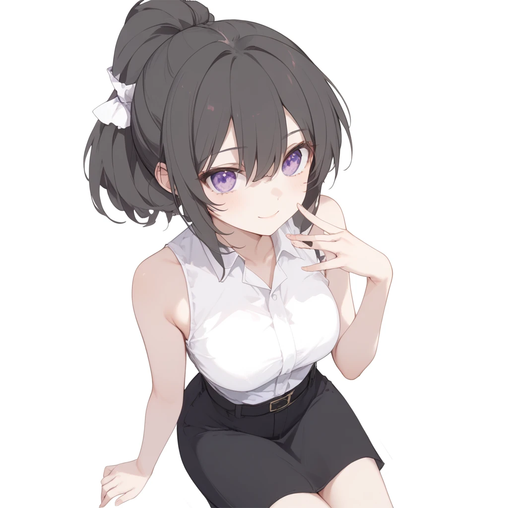 score_9, score_8_up, score_7_up, 1girl, looking at viewer, hands_on_hip, squinting eyes smile, blush, dark purple hair, round fringe, pink eyes, flat chest, dark brown pant suit, covered nipples, god rays, clubroom, wide angle <lora:oyari_ashito_PonyXL_style_v01:1>