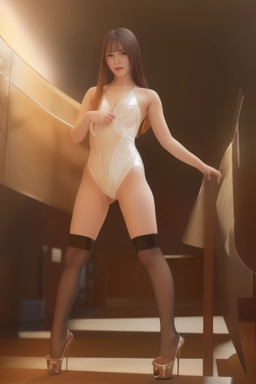 full body, nude body, (beautiful Korean female bodybuilder:1.2) in her 30s, 4k, masterpiece, (highres, soft_light), (absurdres:1.8), deep depth of field, sharp focus, alluring pose on stage, life like skin texture, muscular jaw, long hair with highlights, very round and (small breasts, pubic_hair:1.3), small glutes, Smirk, 70mm, remarkable use of texture form and natural colors, capturing the essence of reality without artificial manipulations, colors are subdued and muted, perfect shaped nipples