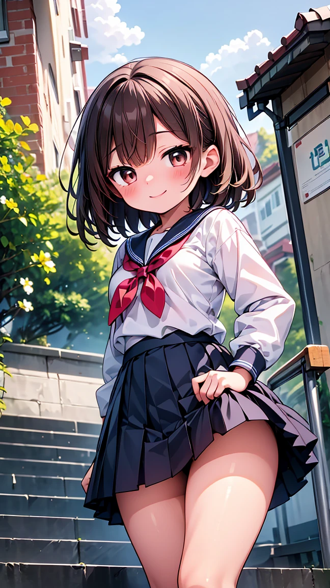 A girl with short black bob hair, a blazer uniform, a checkered skirt and brown loafers is standing. The wind is blowing up her skirt, exposing her flower patterned panties. She is embarrassed and hurriedly holds down her skirt.、In front of the school building at dusk